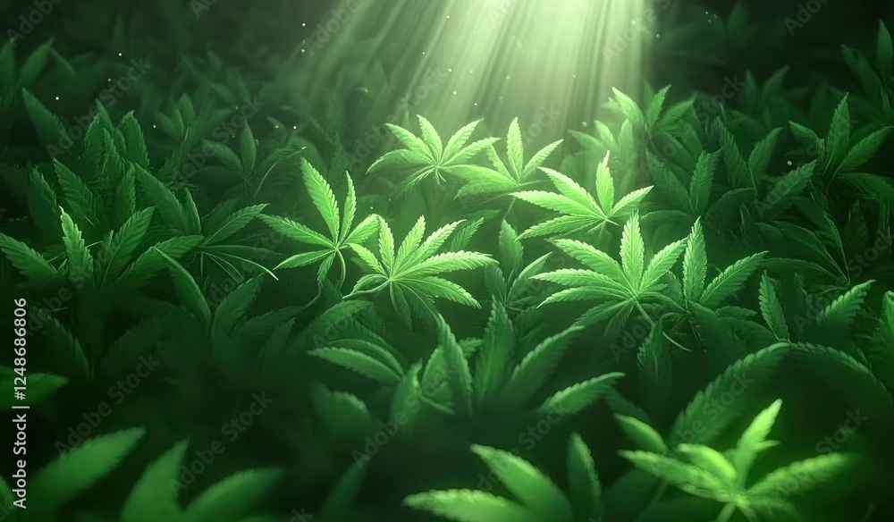 Fototapeta premium Lush Green Cannabis Plants in Bright Sunlight with Soft Glowing Effect in Nature Background