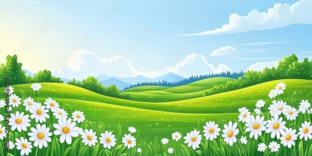 Obraz premium Cute Cartoon Spring Landscape with Green Hills and Daisies Under a Bright Blue Sky and Soft Clouds for Creative Projects