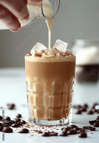 Pouring creamy milk over iced coffee with chocolate shavings and coffee beans...
