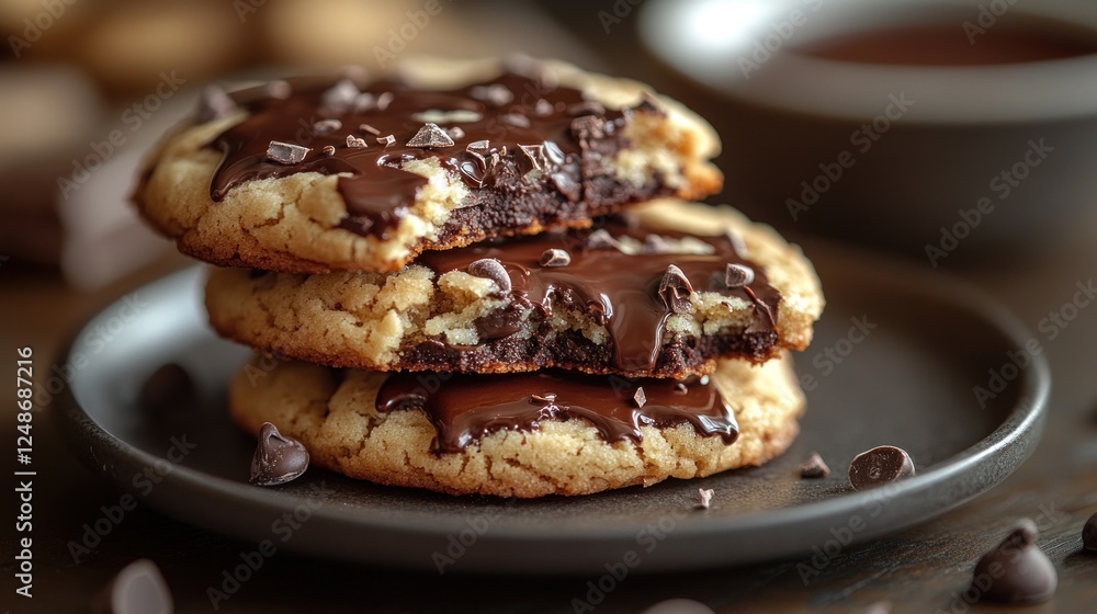 Three chocolate chip cookies with melted chocolate topping, stacked on a plate. Three chocolate chip cookies with melted chocolate topping, stacked on a plate.