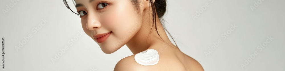Portrait of a woman with a large amount of cream or lotion applied to her shoulder for skin care or spa treatment Portrait of a woman with a large amount of cream or lotion applied to her shoulder for skin care or spa treatment