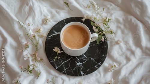 Coffee cup placed on a black marble tray surrounded by delicate white flowers...