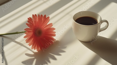 Coffee and flower create a tranquil morning on the table with soft sunlight
