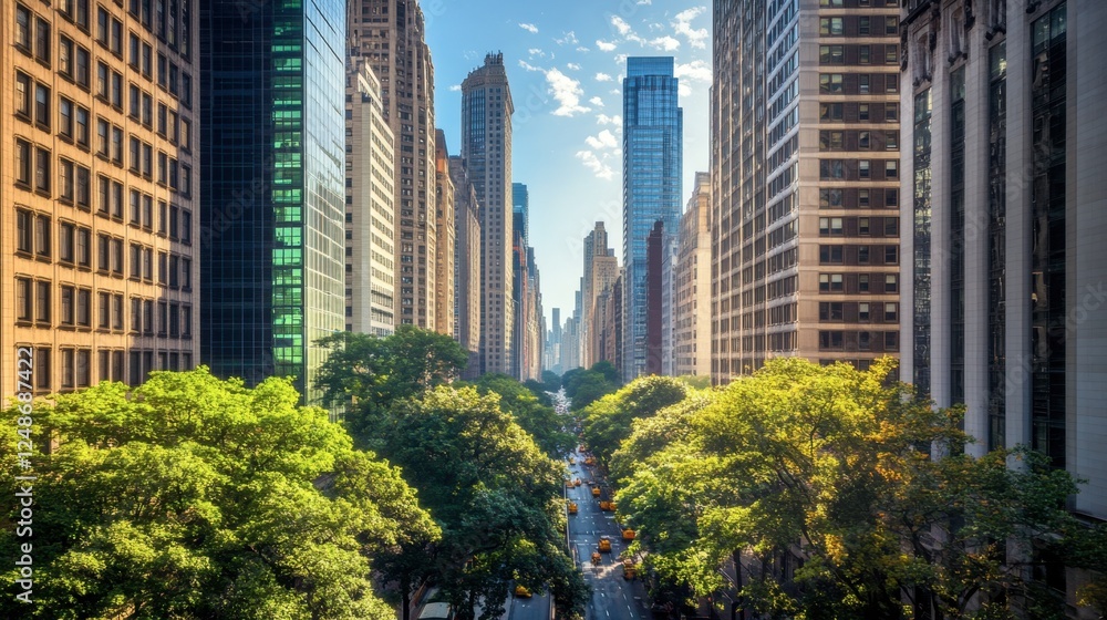 Fototapeta premium An aerial view of a business district featuring corporate office towers, tree-lined streets, and a clear blue sky.