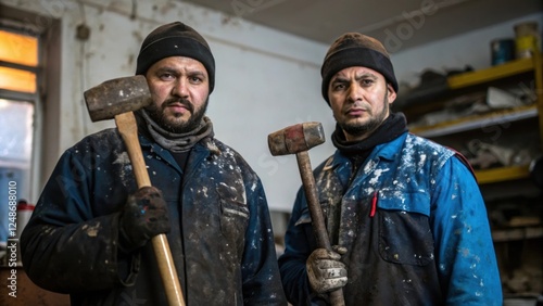 In a medium closeup the workers attire is splattered with traces of their labor underscoring a life devoted to workmanship while their grip on the mallet signifies readiness to