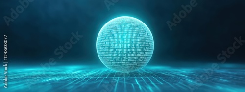 A glowing globe entirely made of binary code (0s and 1s), glowing in cool cyan, symbolizing the digital landscapeâ€™s global connection photo