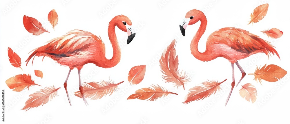 Obraz premium Cute Watercolor Flamingos Surrounded by Soft Feathers in a Decorative Frame Design