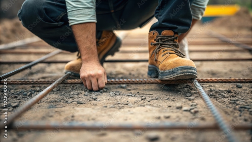 Medium closeup of the installer crouched down showcasing their reinforced work boots gripping the uneven ground as they connect the rebar emphasizing the grounded nature of their Medium closeup of the installer crouched down showcasing their reinforced work boots gripping the uneven ground as they connect the rebar emphasizing the grounded nature of their
