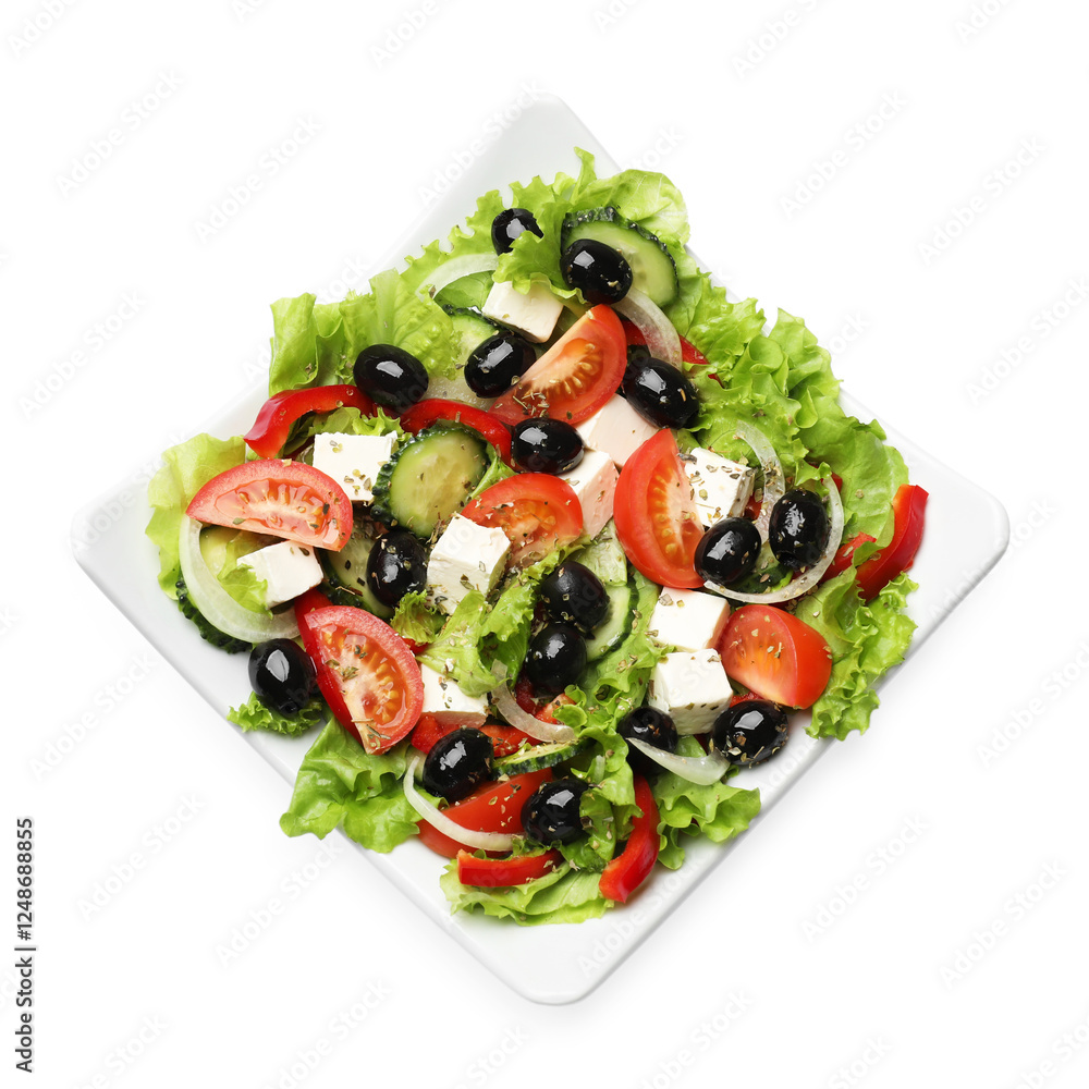 Delicious fresh Greek salad isolated on white, top view Delicious fresh Greek salad isolated on white, top view