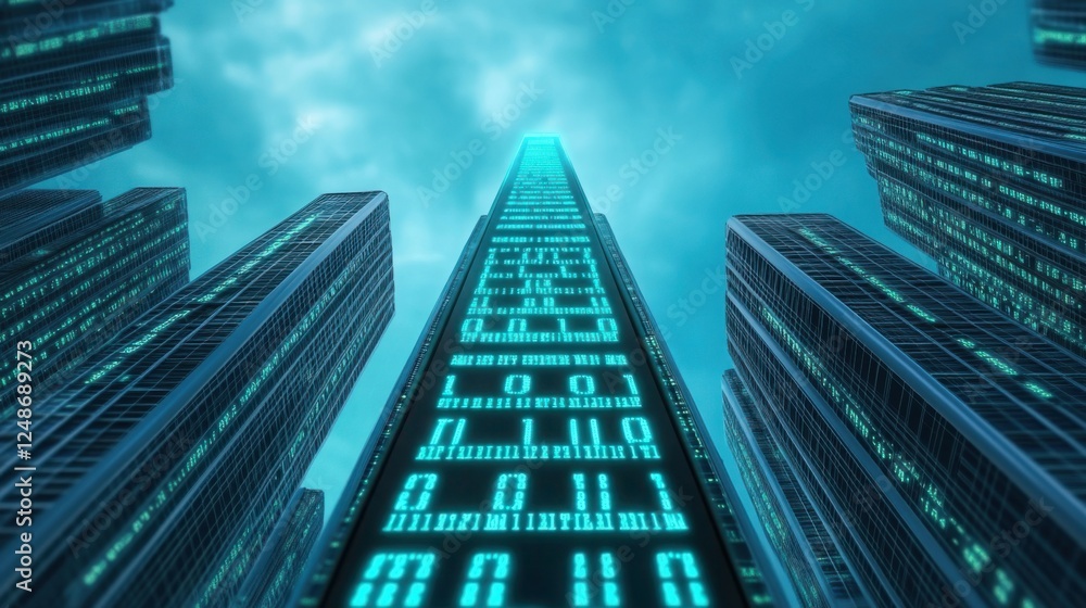 custom made wallpaper toronto digitalA glowing ladder made from binary code (0s and 1s), reaching upward toward a futuristic cityscape filled with towering digital skyscrapers