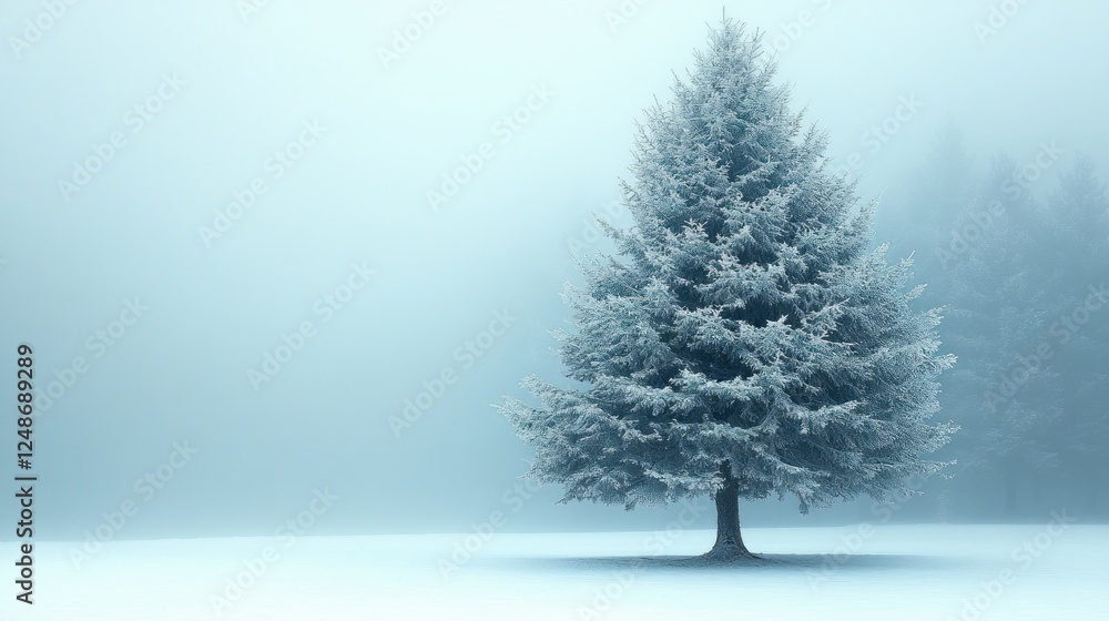 Fototapeta premium Serene Winter Scene with Snow-Covered Fir Tree and Soft Diffused Lighting