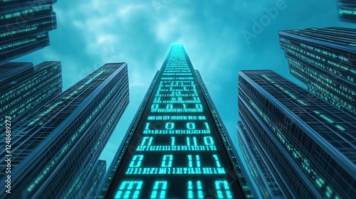 Wallpaper Mural A glowing ladder made from binary code (0s and 1s), reaching upward toward a futuristic cityscape filled with towering digital skyscrapers Torontodigital.ca