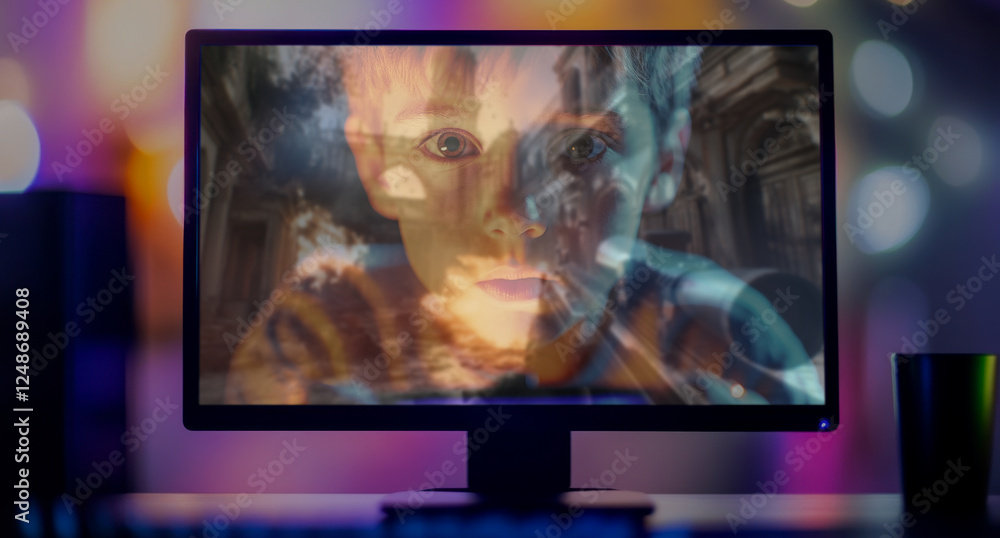 Fototapeta premium Young gamer plays a shooter computer game, his focused face is reflected in the monitor