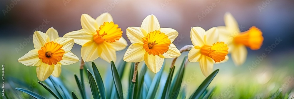 Fototapeta premium Yellow Daffodils With Sunlight From Above, Out-Of-Focus Background Of Green Grass And Blue Sky