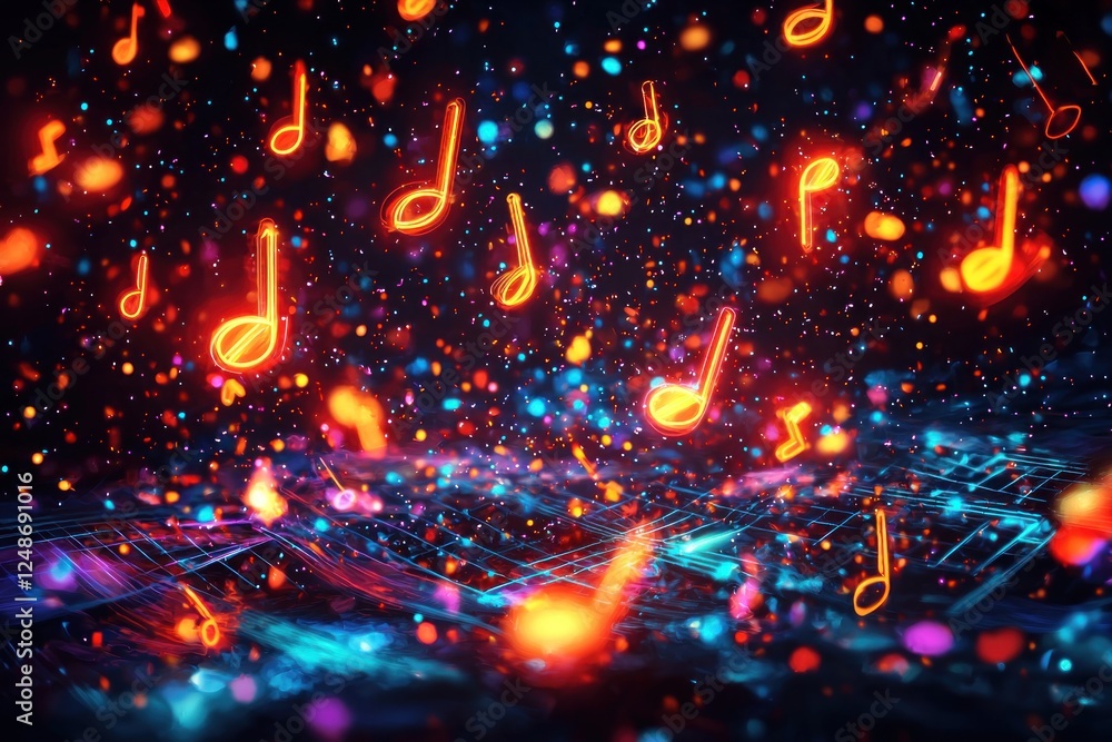 Vibrant abstract representation of music notes floating above a colorful, illuminated surface with dynamic light effects Vibrant abstract representation of music notes floating above a colorful, illuminated surface with dynamic light effects