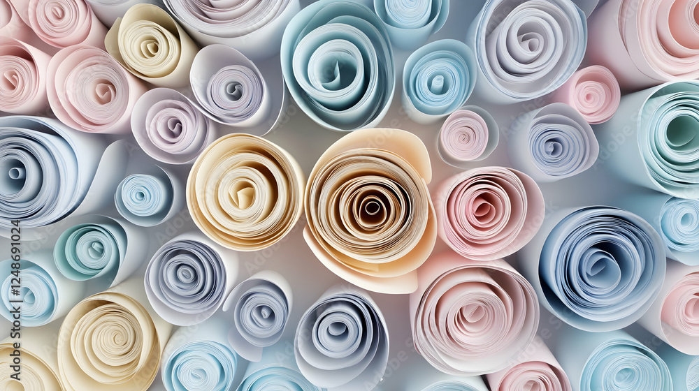 Pastel paper scrolls, abstract art, textured background, design element Pastel paper scrolls, abstract art, textured background, design element