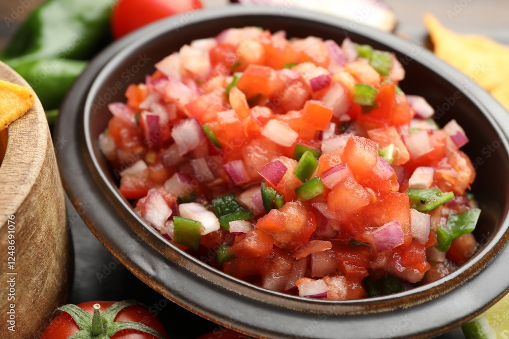 Delicious salsa in bowl on table, closeup Delicious salsa in bowl on table, closeup