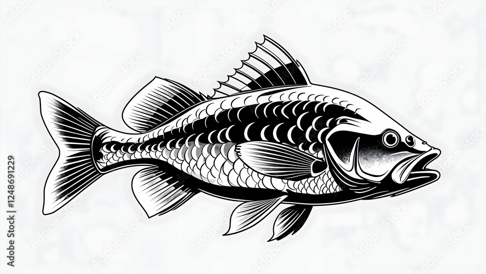 Fototapeta premium The fish illustration is drawn with pencil strokes on a white background