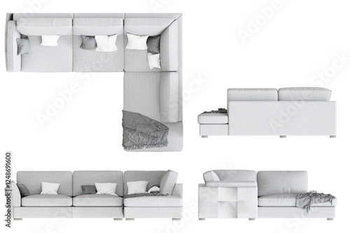Photos Sofa 3D Rendering Stock Illustration on transparent background, top view, side view and front view