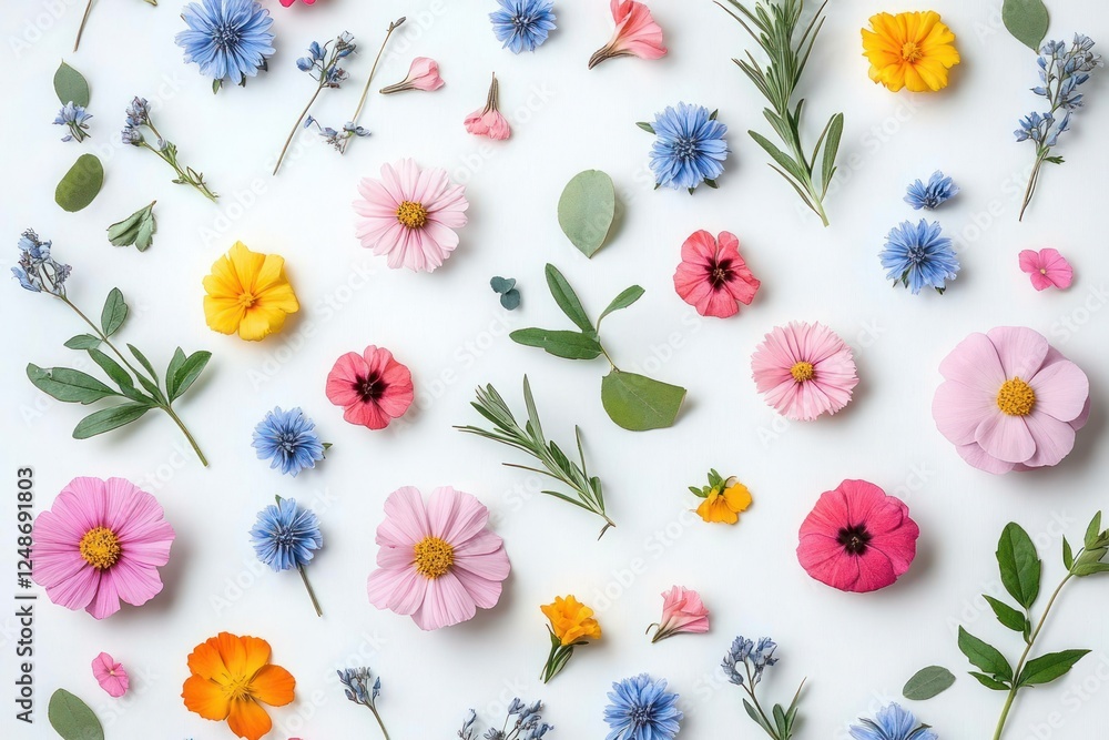 Fototapeta premium Colorful Flower Flat Lay Composition on White Background in Soft Natural Light