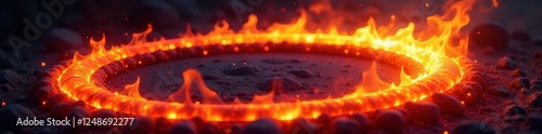 Fiery rings, swirling embers, dark background, art, graphic, heat