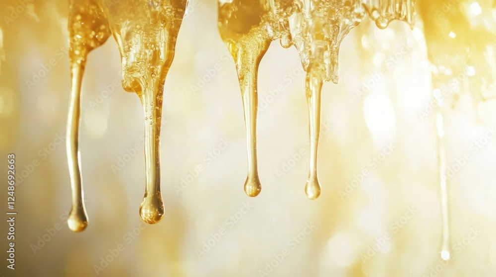 Obraz premium Golden honey dripping, blurred background, sweet treat