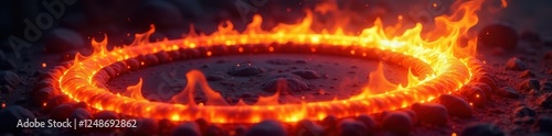 Fiery rings, swirling embers, dark background, art, graphic, heat