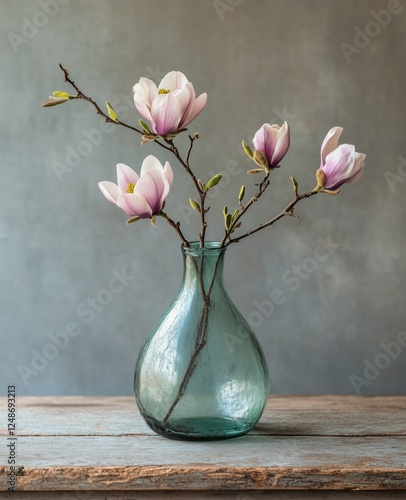 Magnolia flowers in a glass vase on wooden table with neutral background