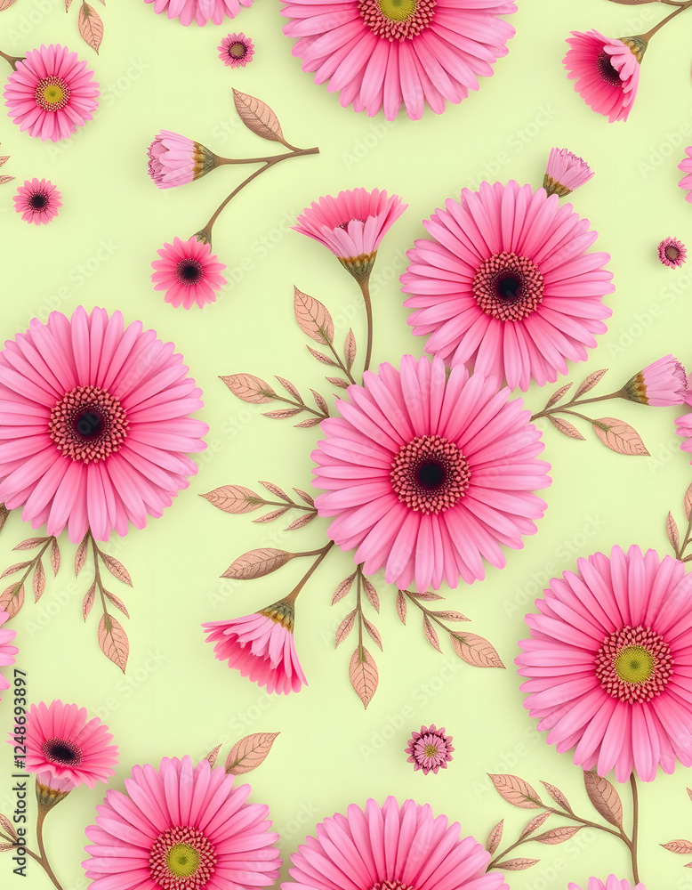 Pattern made with pink gerbera flowers and leaves on contrast pastel green background. Minimal spring bloom concept. Floral arrangement for women's day, valentines, mother's day, wedding or birthday Pattern made with pink gerbera flowers and leaves on contrast pastel green background. Minimal spring bloom concept. Floral arrangement for women's day, valentines, mother's day, wedding or birthday