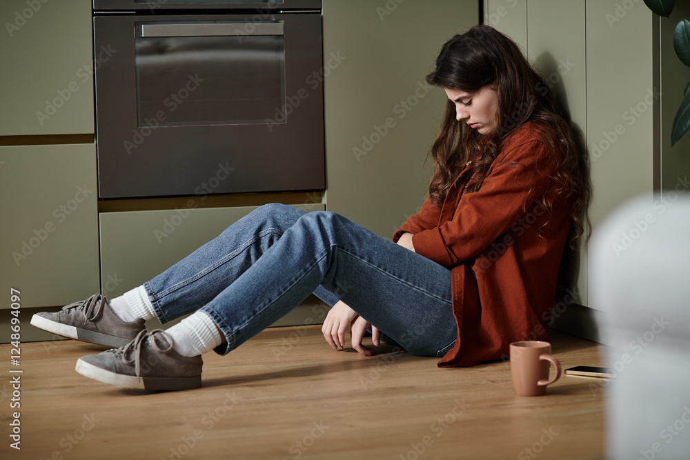 Woman sitting alone on the floor in a kitchen, reflecting on her struggles with depression Woman sitting alone on the floor in a kitchen, reflecting on her struggles with depression