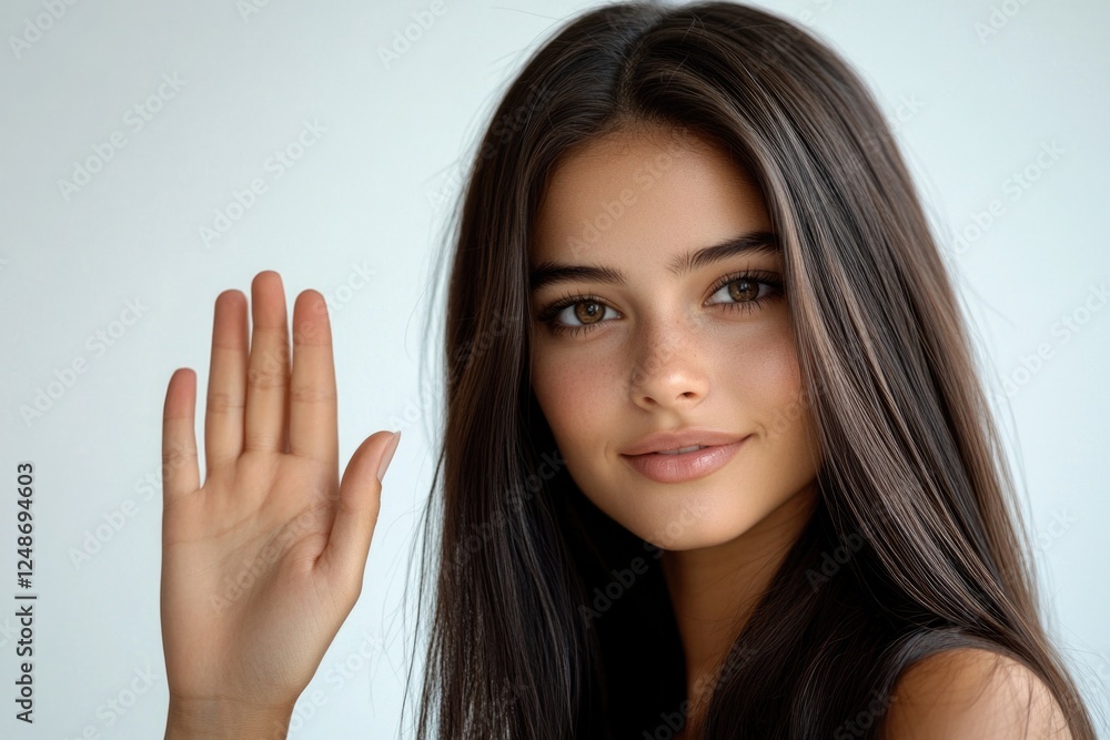 A young woman holds up her hand, potentially in a gesture of surrender or request for help A young woman holds up her hand, potentially in a gesture of surrender or request for help