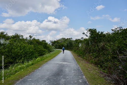Man cycling on a paved trail through the Everglades in Florida