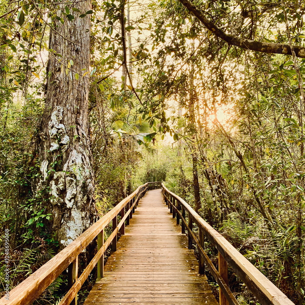 Sunlit wooden boardwalk surrounded by tropical forest Sunlit wooden boardwalk surrounded by tropical forest