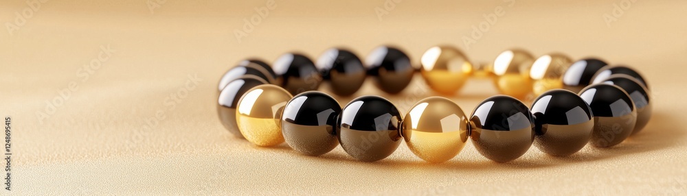 A sleek bracelet made of alternating black and gold spherical beads, elegantly arranged on a soft, neutral background. A sleek bracelet made of alternating black and gold spherical beads, elegantly arranged on a soft, neutral background.