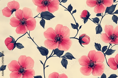 Floral pattern featuring pink blooms and green leaves on a light background