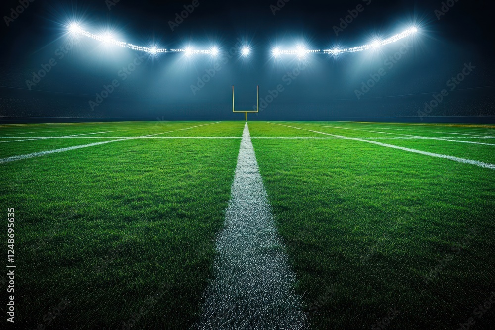 Obraz premium Dramatic football field under floodlights with vivid green grass and stark shadows