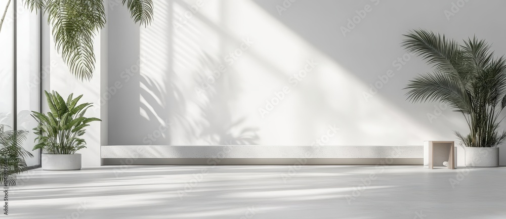 Empty White Room Interior With Smooth Background and Natural Light, Featuring Green Plants for Modern Minimalistic Decor Empty White Room Interior With Smooth Background and Natural Light, Featuring Green Plants for Modern Minimalistic Decor
