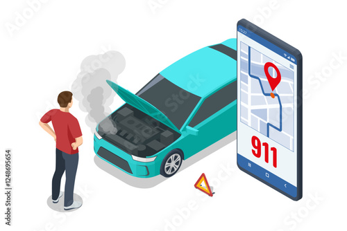 Car crash. Isometric vector illustration of a car accident with two damaged cars. Calling emergency services, with a 911 speech bubble above him. Smoke and oil spill visible