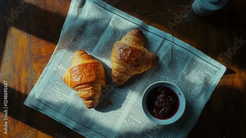 Freshly baked croissants with berry jam served on newspaper in morning light