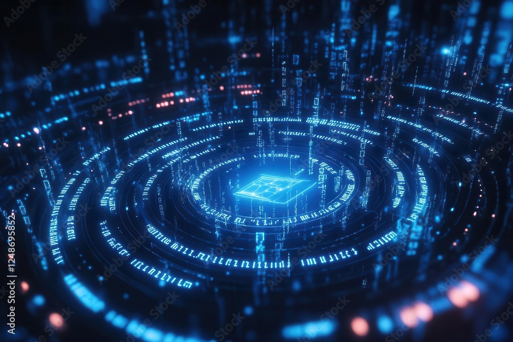 Fototapeta premium futuristic cybersecurity visualization with glowing digital shield protecting streaming data, surrounded by binary code in deep blue tones