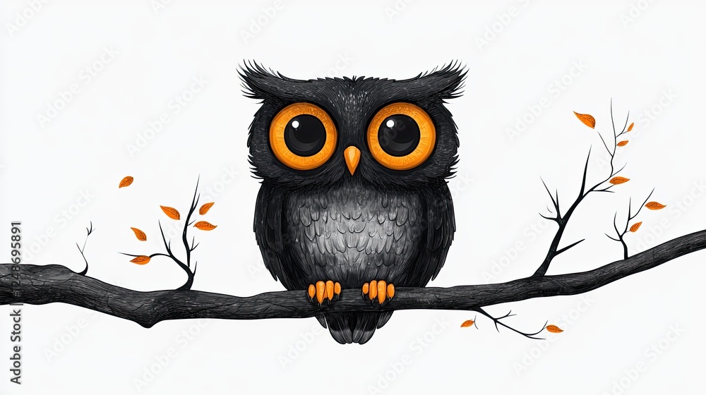 Naklejka premium Cartoon owl perched on a branch with autumn leaves, set against a light background