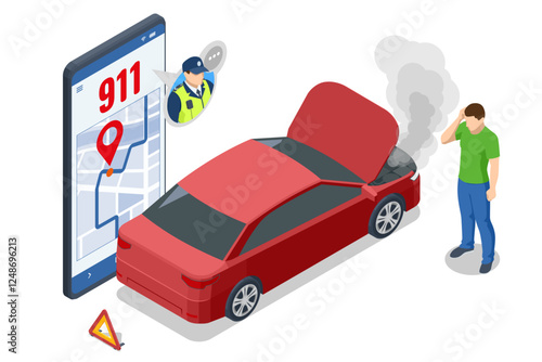 Car crash. Isometric vector illustration of a car accident with two damaged cars. Calling emergency services, with a 911 speech bubble above him. Smoke and oil spill visible