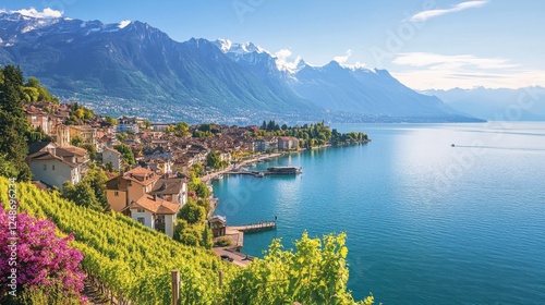 A breathtaking aerial view of the beautiful town of Montreux along Lake Geneva, with vineyards on the slopes of the Alps.