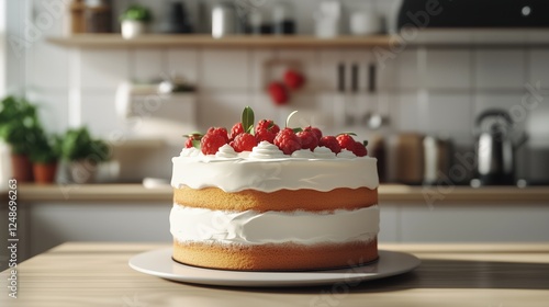 Delicious layered cake with fresh raspberries showcased in a modern kitchen s...