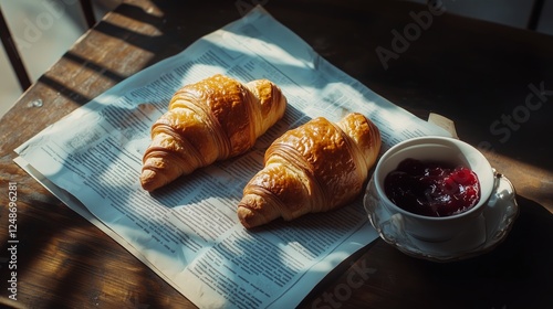 Croissants and jam served on a paper with warm sunlight in a cozy cafe setting