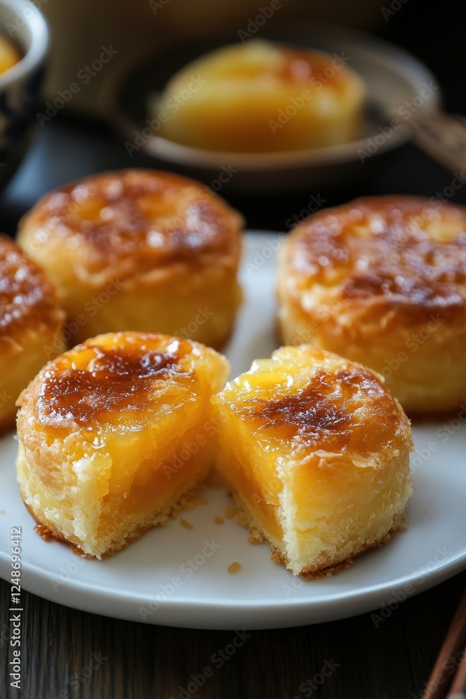Neatly arranged Taiwanese pineapple cakes on elegant white porcelain, showcasing traditional dessert artistry. Neatly arranged Taiwanese pineapple cakes on elegant white porcelain, showcasing traditional dessert artistry.