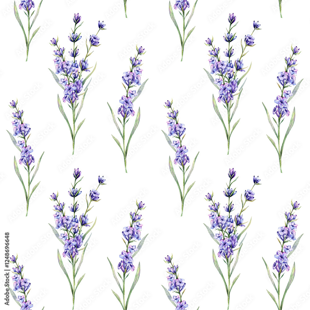 Fototapeta premium Lavender seamless background illustration. Lavender seamless pattern. Floral background with violet lavender. Spring Summer Botanical Background for wallpapers, wedding, wrapping paper, textile