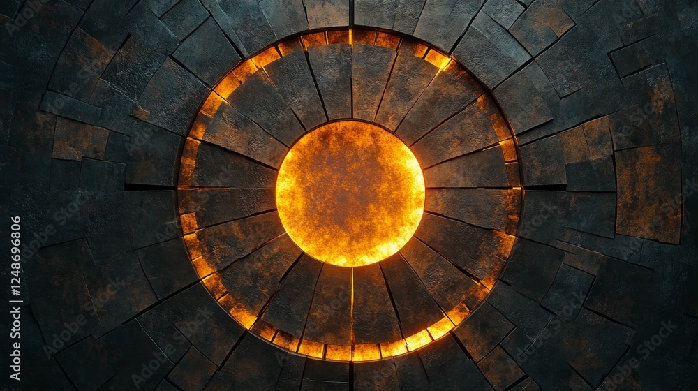 Naklejka premium Glowing orb surrounded by dark stone in circular pattern