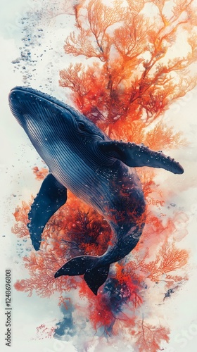 Humpback whale swimming gracefully through colorful coral reef during bright ...