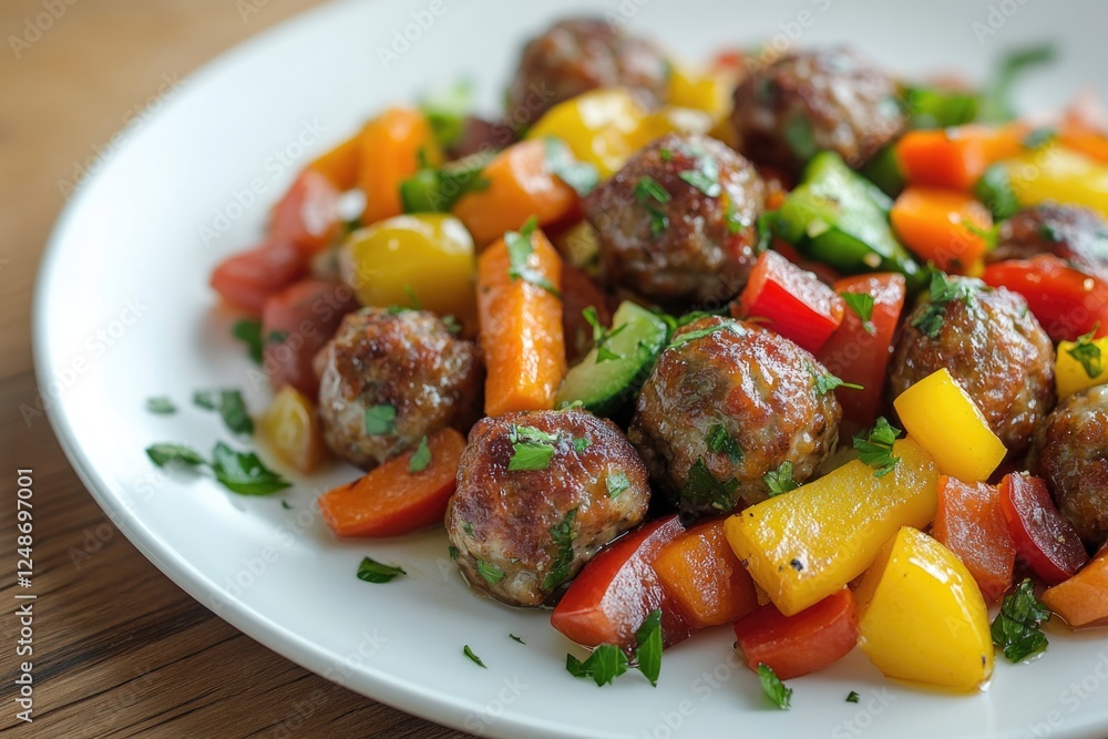 A delicious meal of meatballs and steamed vegetables served on a white plate, perfect for a casual dinner or party A delicious meal of meatballs and steamed vegetables served on a white plate, perfect for a casual dinner or party